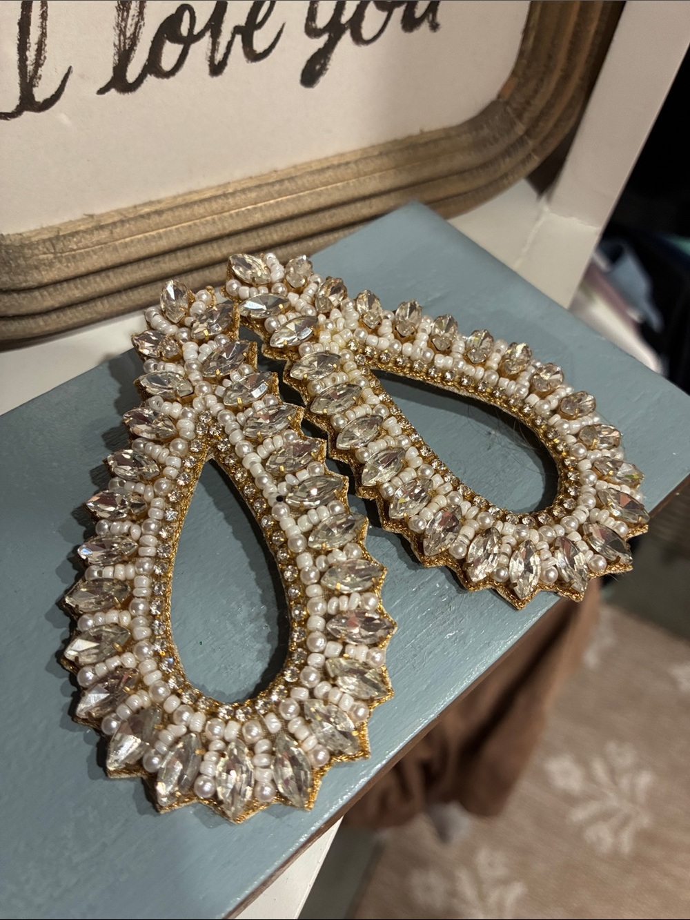 Pearl and Crystal Teardrop Statement Earrings - Gold Tone
